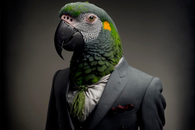 Executive Parrot 어두운 스튜디오에 자리 잡은 말쑥한 사업가 Generative Ai