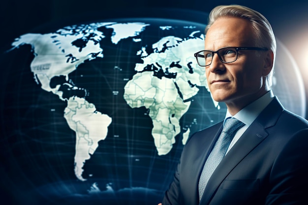 executive posing in front of the camera with a global map reflected in the background