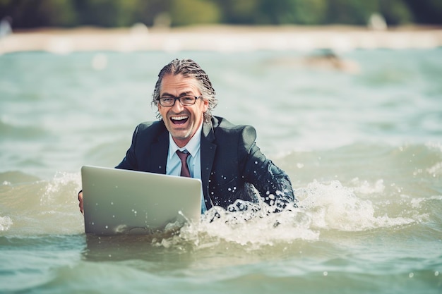 Executive probeert zijn zomervakantie te combineren met zijn werk op het kantoor maar hij wordt overweldigd Ai gegenereerd