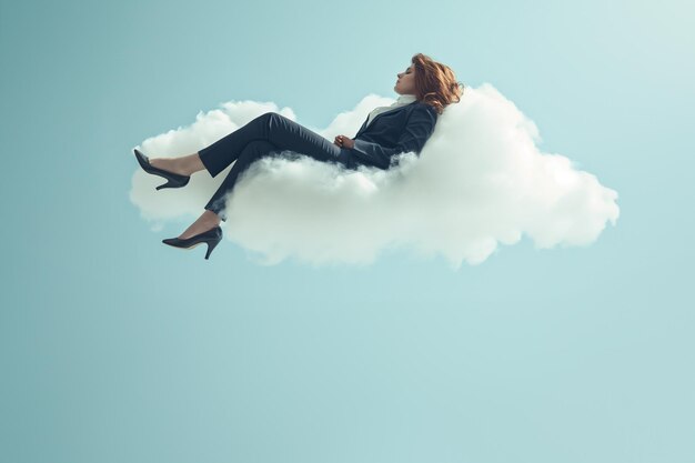 Photo an executive working woman rests on a cloud after a hard day at work