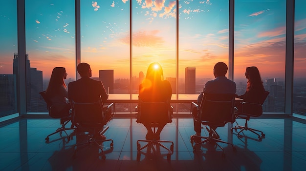 Executives meeting in a spacious office with a large window