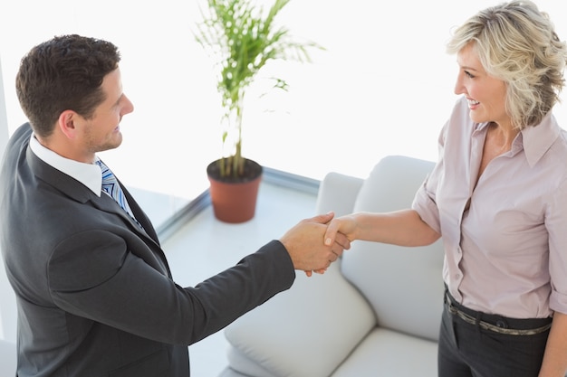 Executives shaking hands in the living room