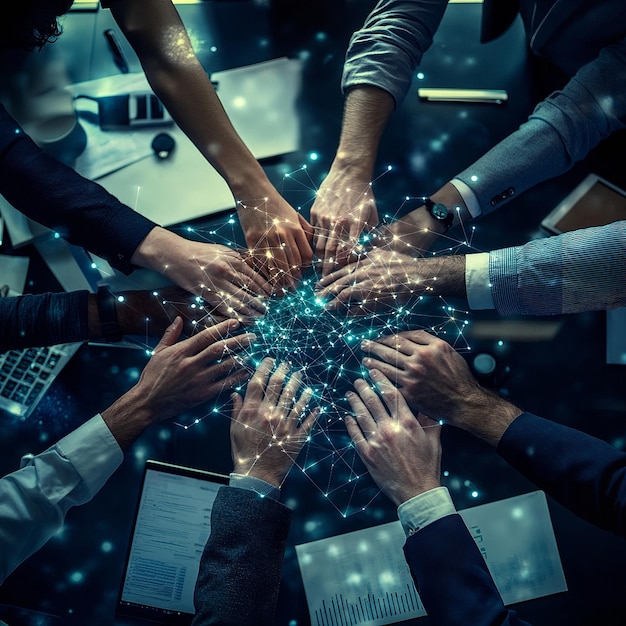 Executives stacking hands on a desk with technology elements connecting around