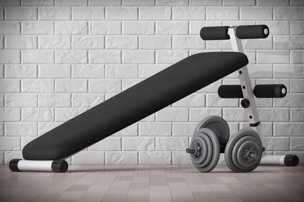 Exercise bench. Gym Equipment in front of brick wall. 3d Rendering