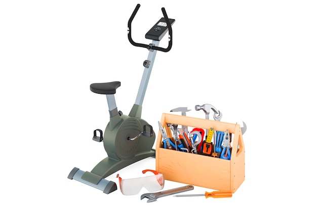 Premium Photo Exercise bike with toolbox Service and repair of exercise bike 3D rendering