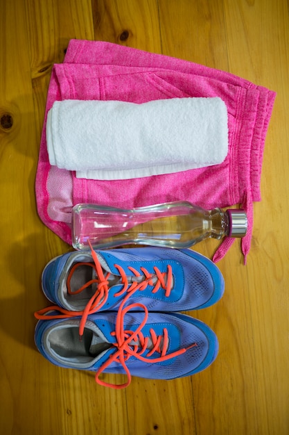 Exercise equipment kept on wooden floor