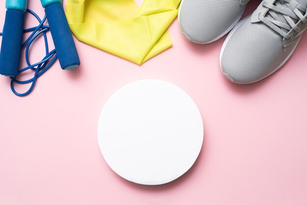 Exercise equipment on a pink background with a round mock up copy space flat lay