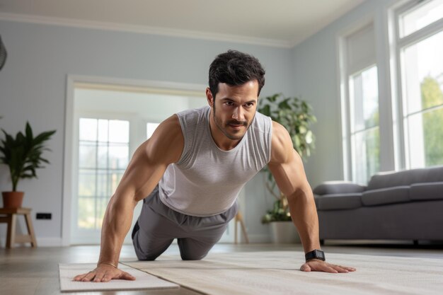 exercise and healthy lifestyle concepts Indian man doing abdominal exercises at home