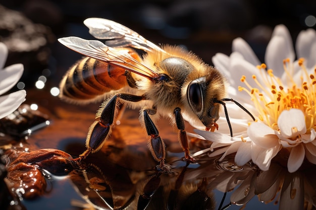 Exhausted bee in the ethereal garden reaping nectar and pollen generative IA