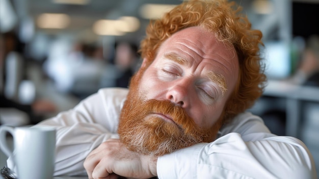 Exhausted businessman asleep at desk with coffee in modern office