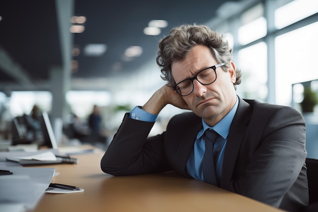 Foto un uomo d'affari esausto che dorme alla sua scrivania in ufficio