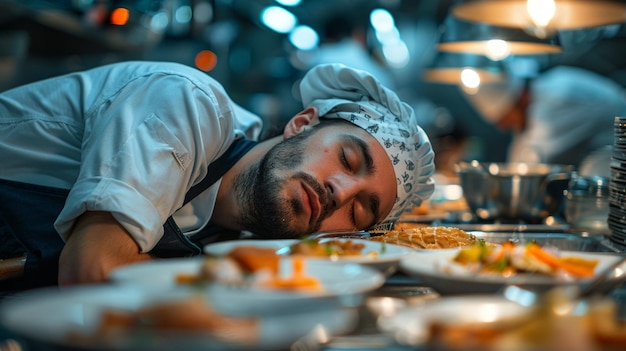 Photo exhausted chef asleep on counter amongst plates of food