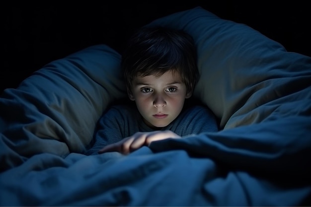 Exhausted child addicted to smartphone struggling with insomnia and social media scrolling in dark