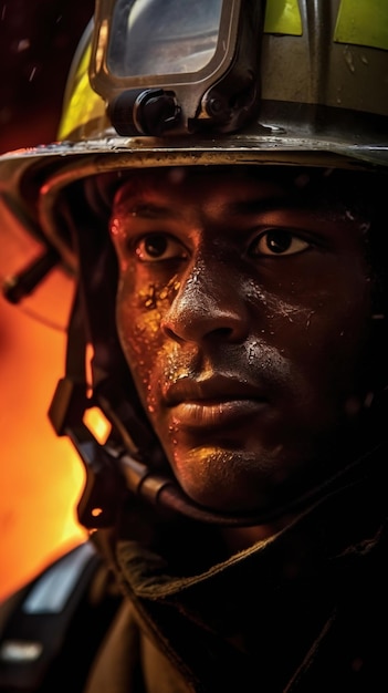 Exhausted firefighter close up portrait in fire and smoke