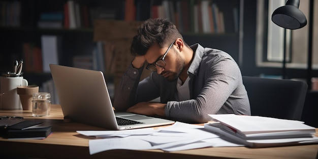Измученный мужчина спит на своем рабочем столе рядом с ноутбуком и документами