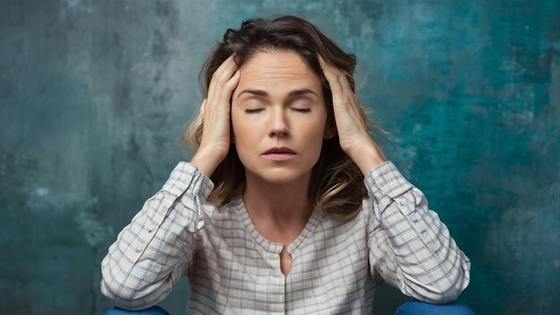 Exhausted tired woman with closed eyes touching head