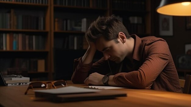 Exhausted and tired young adult office worker falling asleep on desk because of overtime work hours