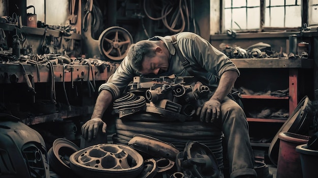 Exhausted vehicle mechanic falling asleep in his workshop