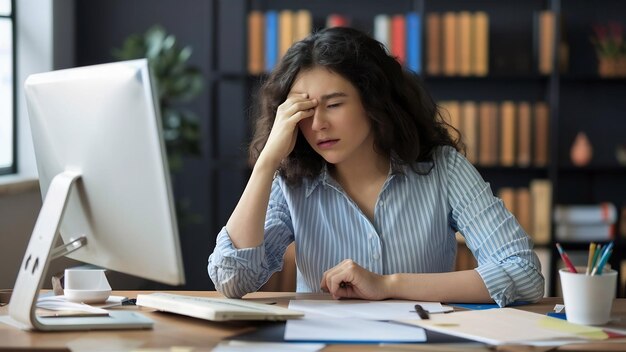 Exhausted woman employee working on project