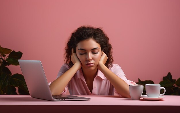 Exhausted woman laid her head down on the pink background