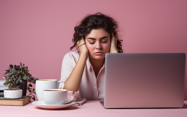 Exhausted woman laid her head down on the pink background