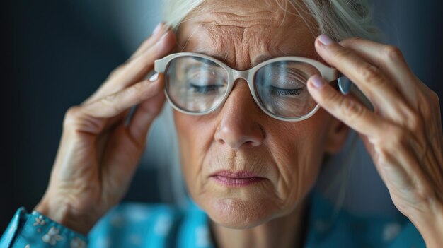 Foto donna esausta con fatica oculare e problemi di salute visiva