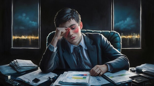 Exhausted young businessman rub eye feeling tired