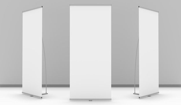 Расположение макета выставочного баннера перед серой стеной Template for Mockups