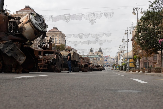 Exhibition of destroyed Russian tanks and other military equipment in the center of Kyiv Ukraine