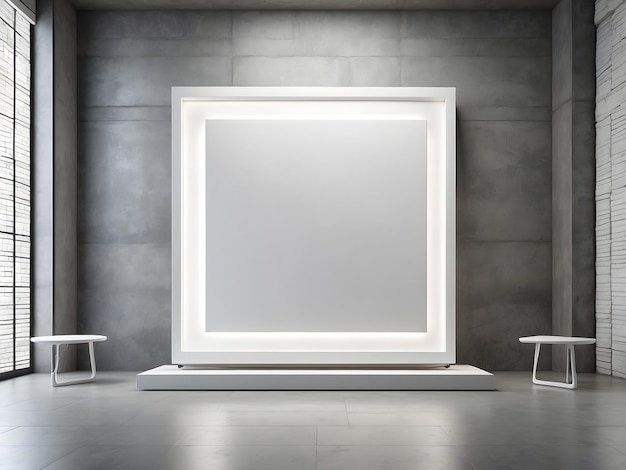 Exhibition hall interior with illuminated empty white mockup banner on concrete wall frames on wall