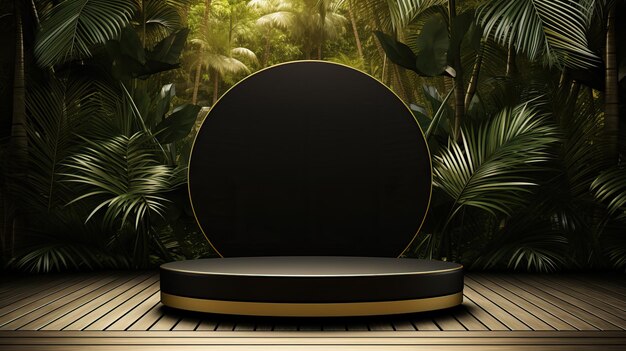 Exhibition podium for a variety of goods in Black and Gold colors against a vegetation background