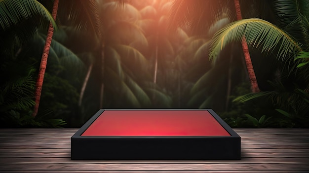 Exhibition podium for a variety of goods in Red and Black colors against a tropical background