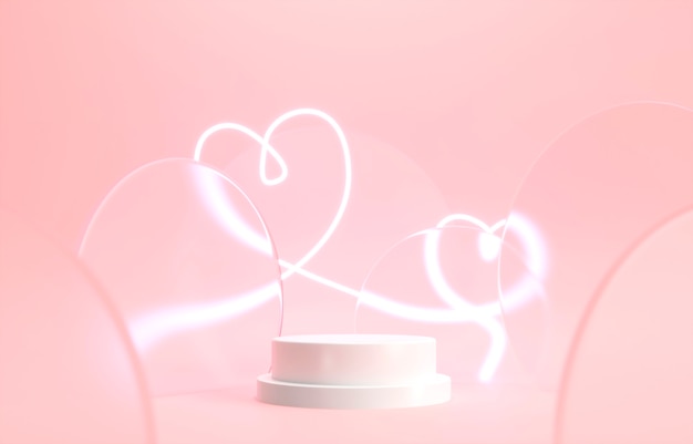 Exhibition Round cylindrical podium with Neon glowing hearts on a pink background