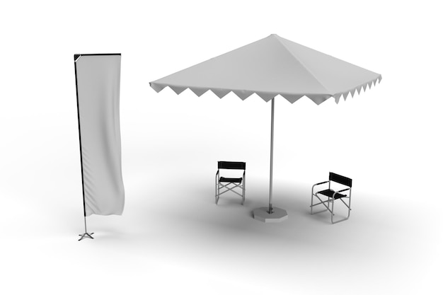 Exhibition Umbrella Parasol with two Director Chairs and a Telescopic Flag Scene Background 3D