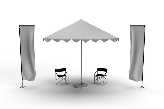 Exhibition Umbrella Parasol with two Director Chairs and a two Feather Flags Scene 3D Render