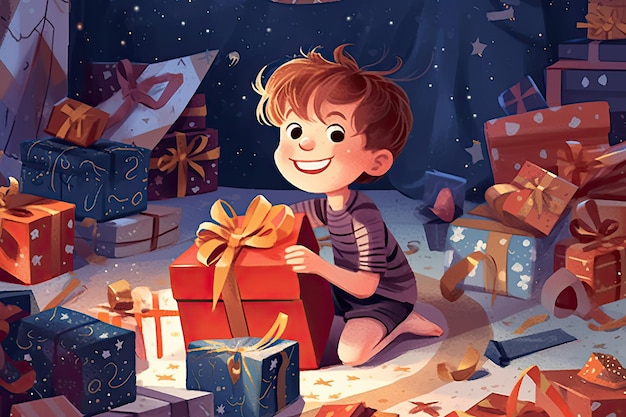 An exhilarated birthday boy eagerly unwraps a large present box filled with excitement