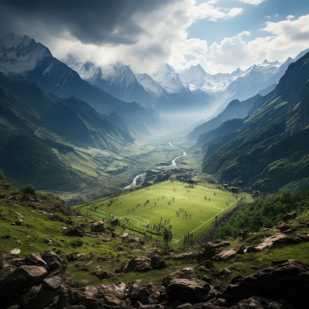 An exhilarating game of football taking place in an unusual and beautiful location