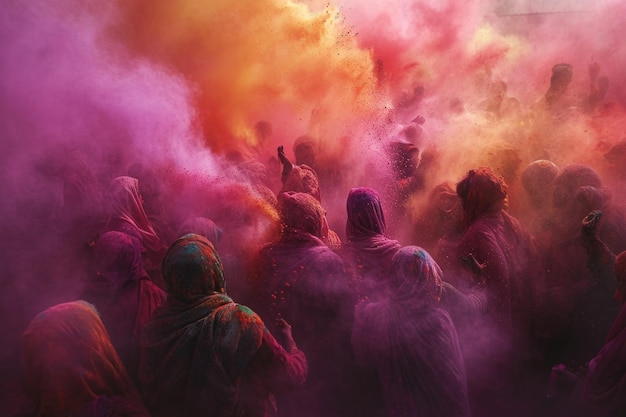 Photo exhilarating moment of unity as participants bask in a chromatic shower