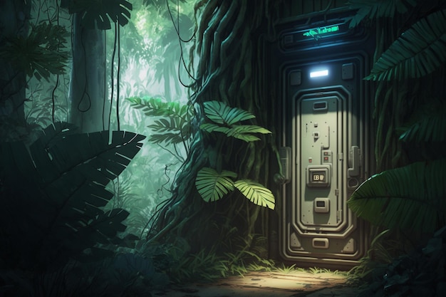 Photo exit door on jungle with robotic power button