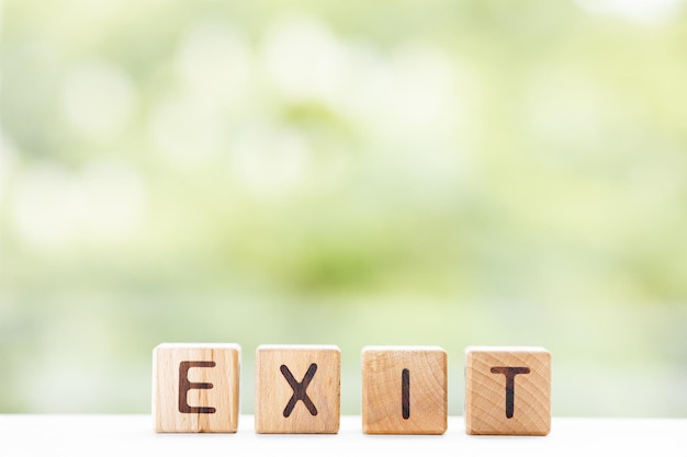 Exit word is written on wooden cubes on a green summer background Closeup of wooden elements