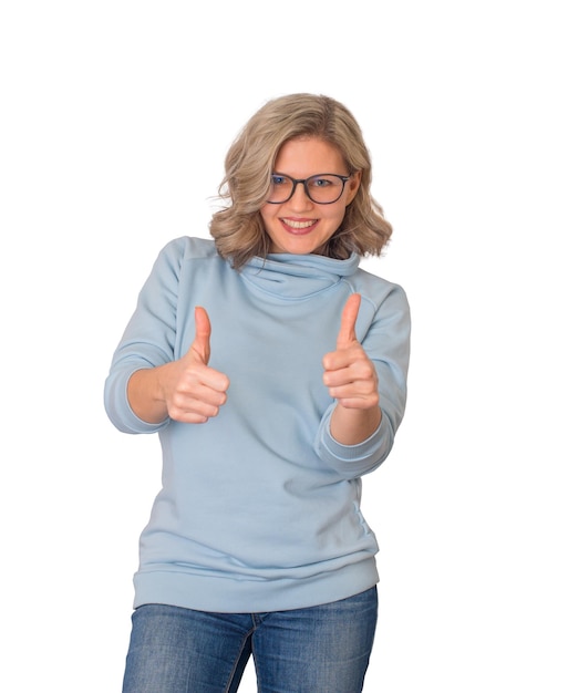 Exited mature woman showing thumbs up gesture portrait isolated on white background