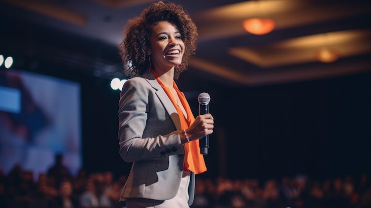 Premium AI Image Exited woman motivational speaker on stage Diversity Premium AI Image Exited woman motivational speaker on stage Diversity