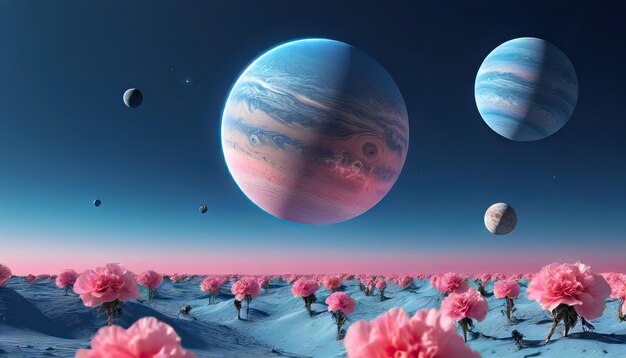 Exoplanet Horizon Prussian Blue Baby Blue Carnation Pink Background Wallpaper with Cosmic Fantasy