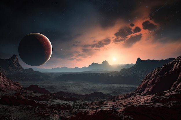 Exoplanet with view of distant star and nebula in the background created with generative ai