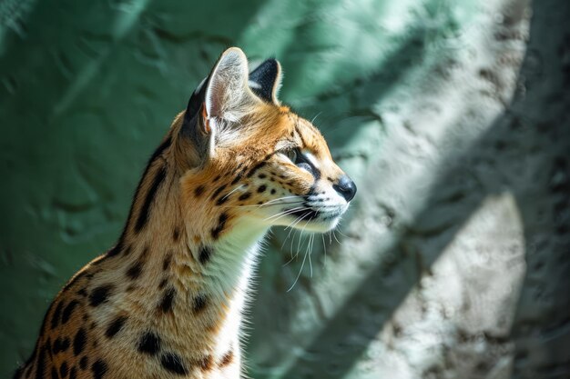 エキゾチックなアフリカン・サーバル・キャット・プロフィール自然の日光の生息地で優雅な斑点とストライプ