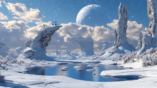 Photo exotic alien winter planet with strange flora