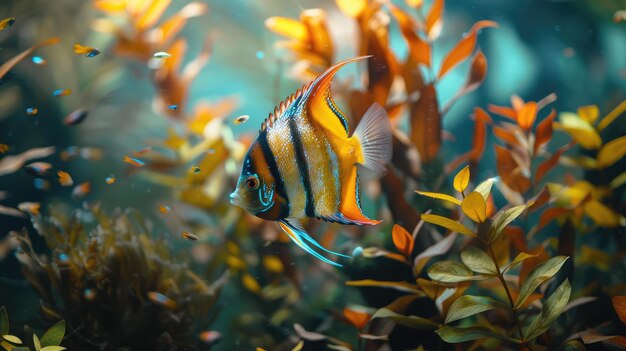 Exotic angelfish navigating through lush aquatic plants in a freshwater aquarium setup