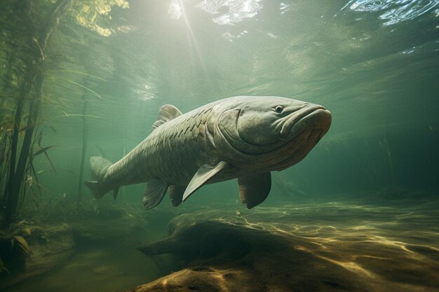 Photo exotic arapaima patrolling remote river tributaries