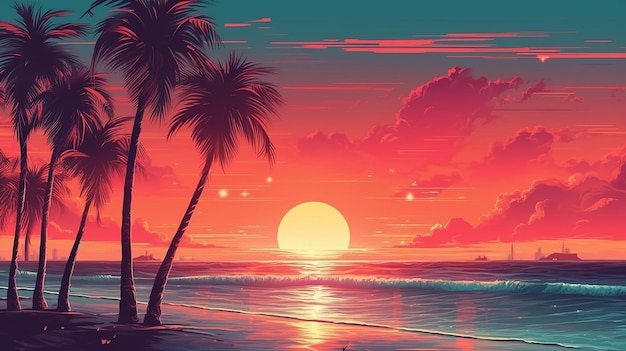 Exotic beach landscape with life guard and palm tree generative AI