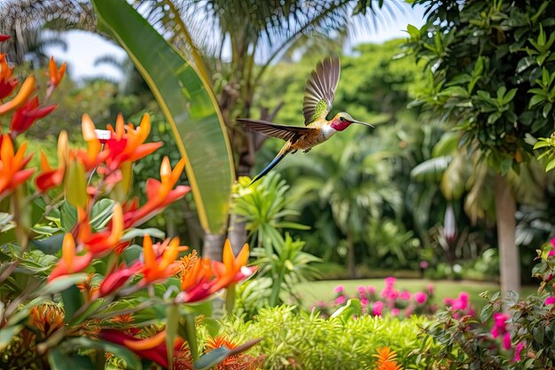 Photo exotic bird in flight flying over tropical garden with flowers and trees created with generative ai